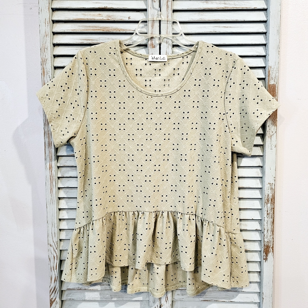 WHITE LILI 80s EYELET PEPLUM BLOUSE Womens L Pistachio Green Retro Coquette Top